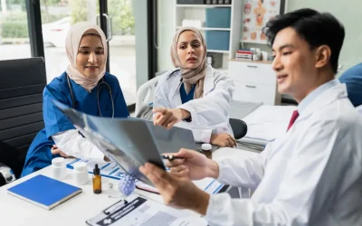 Group of diverse doctors and nurses collaborating in a healthcare setting